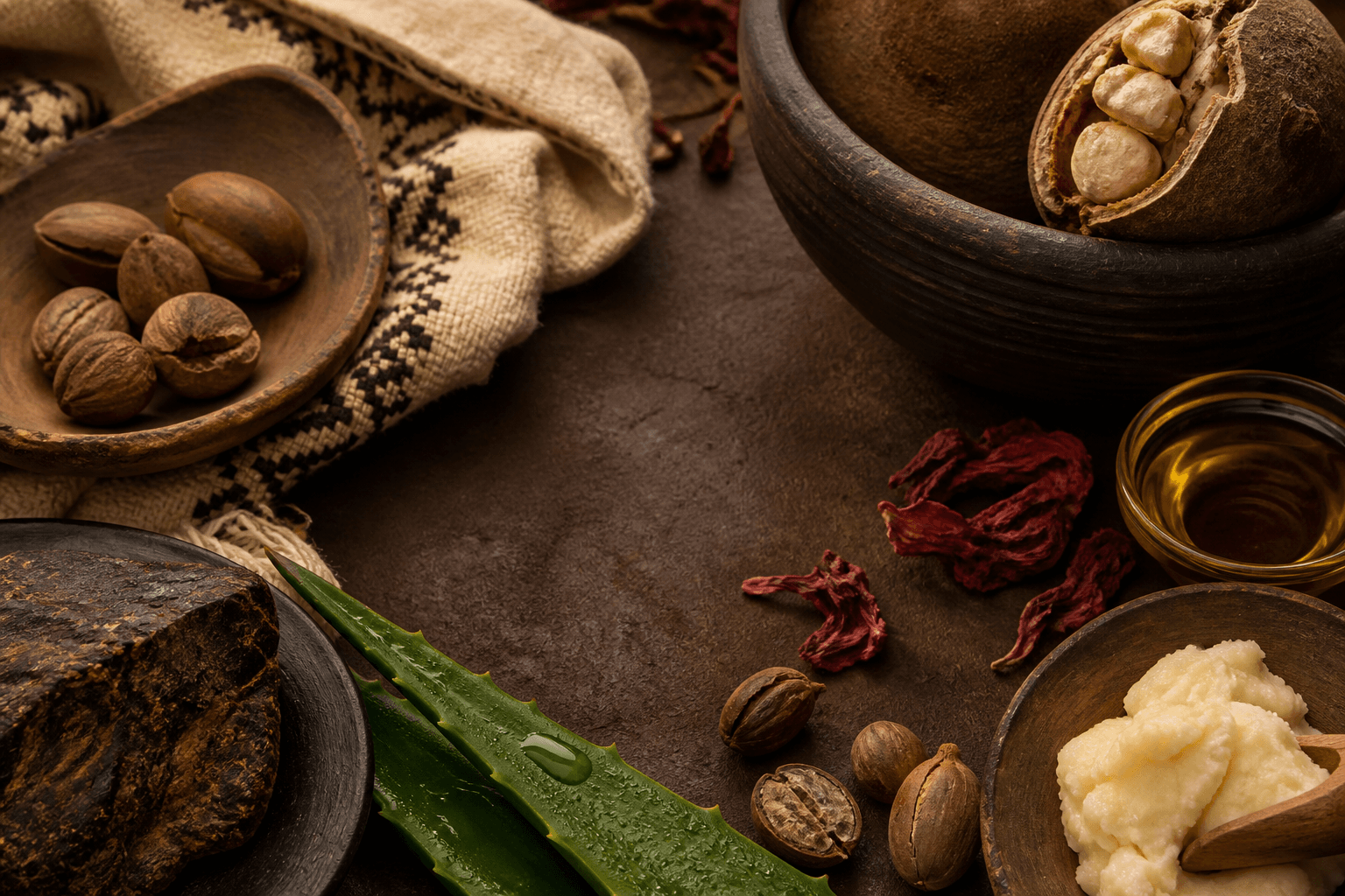 Shea, baobab, hibiscus, aloe, black soap, and botanical oil